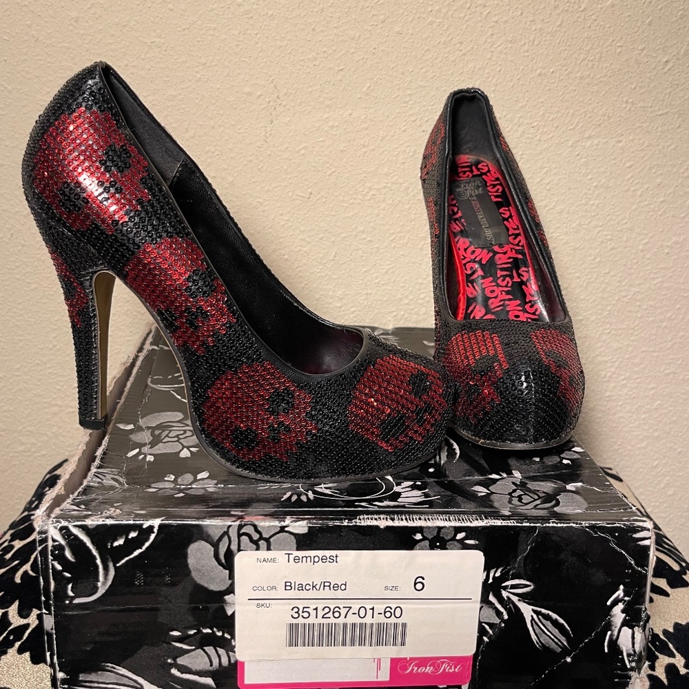 Black & Red Sequins Digi Skulls - Iron Fist Tempest Platform Stiletto Heels